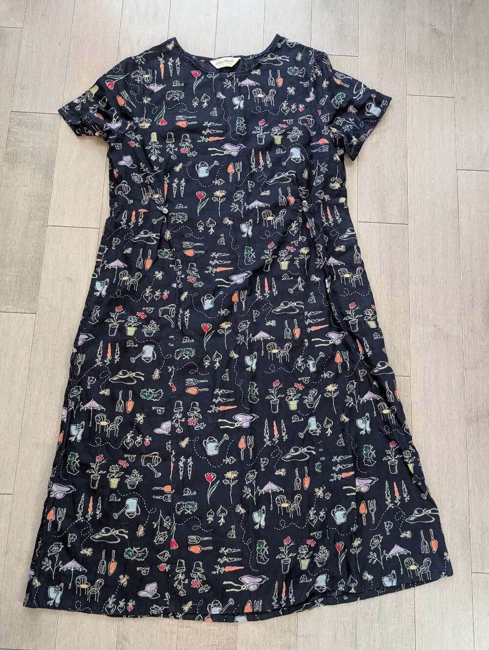 Vintage Eddie Bauer Linen Dress Whimsy Summer Garden Motif Print Size L to XL?